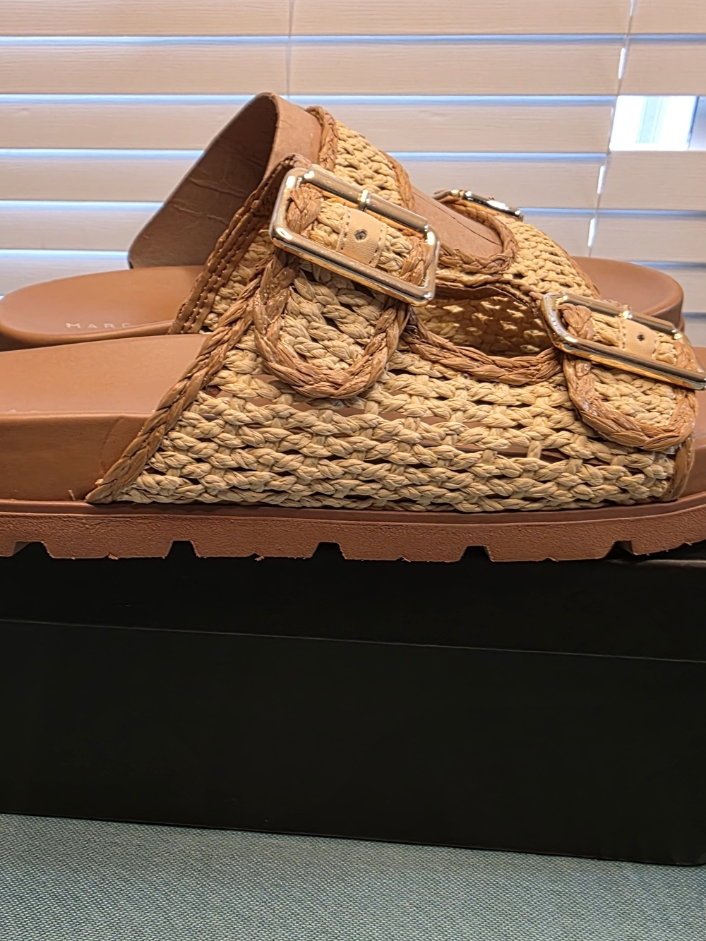 Marc Fisher Woven Buckle Slide Sandals - Tan